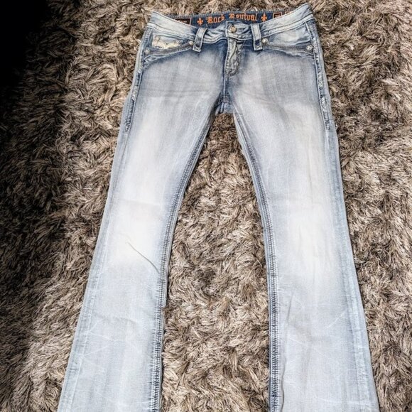 SOLD Rock Revival Raven Light Wash Distressed Bootcut Jeans Size 28 NEW Low Rise - Picture 3 of 16